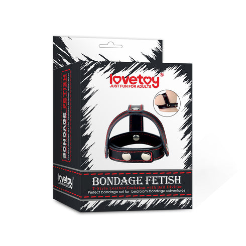 Bondage Fetish T-Style Leather Cockring With Ball Divider